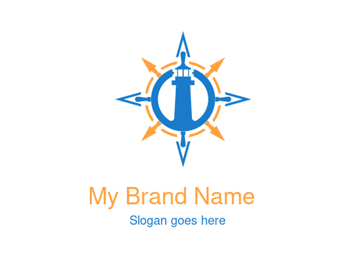 Blue and Orange Lighthouse with Compass Logo Design for Nautical Travel and Navigation Brands